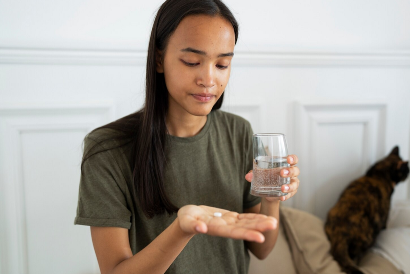 woman holding medicine 